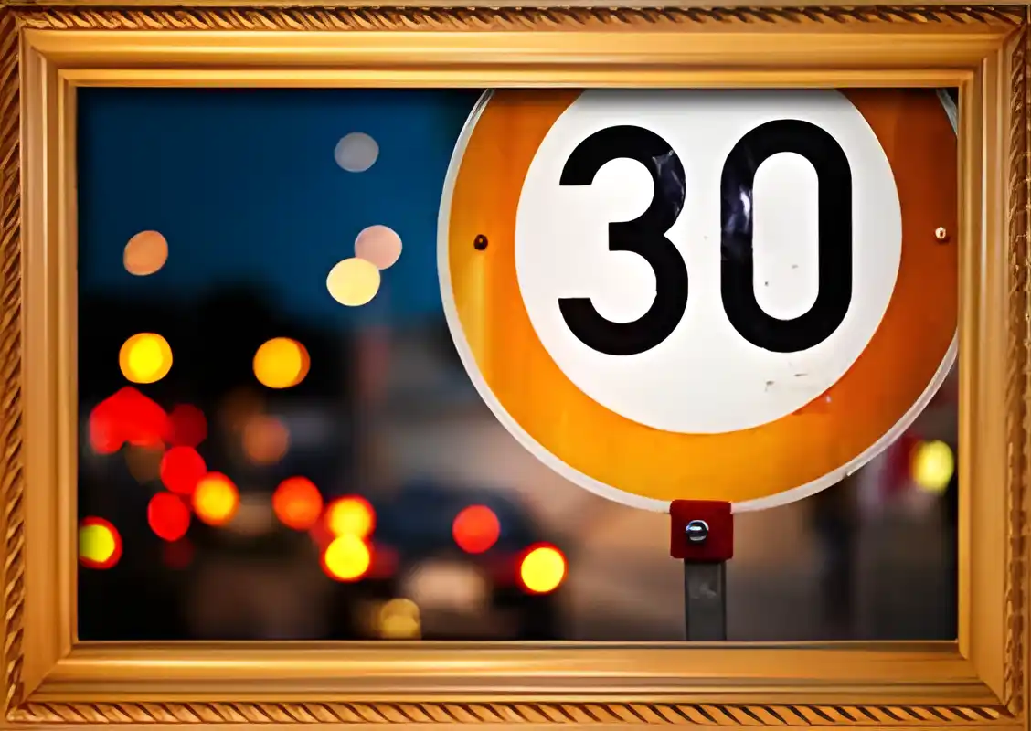 Открытка Открытки на 30 лет - Дорожный знак на фоне размытых огней | Красивая открытка #48