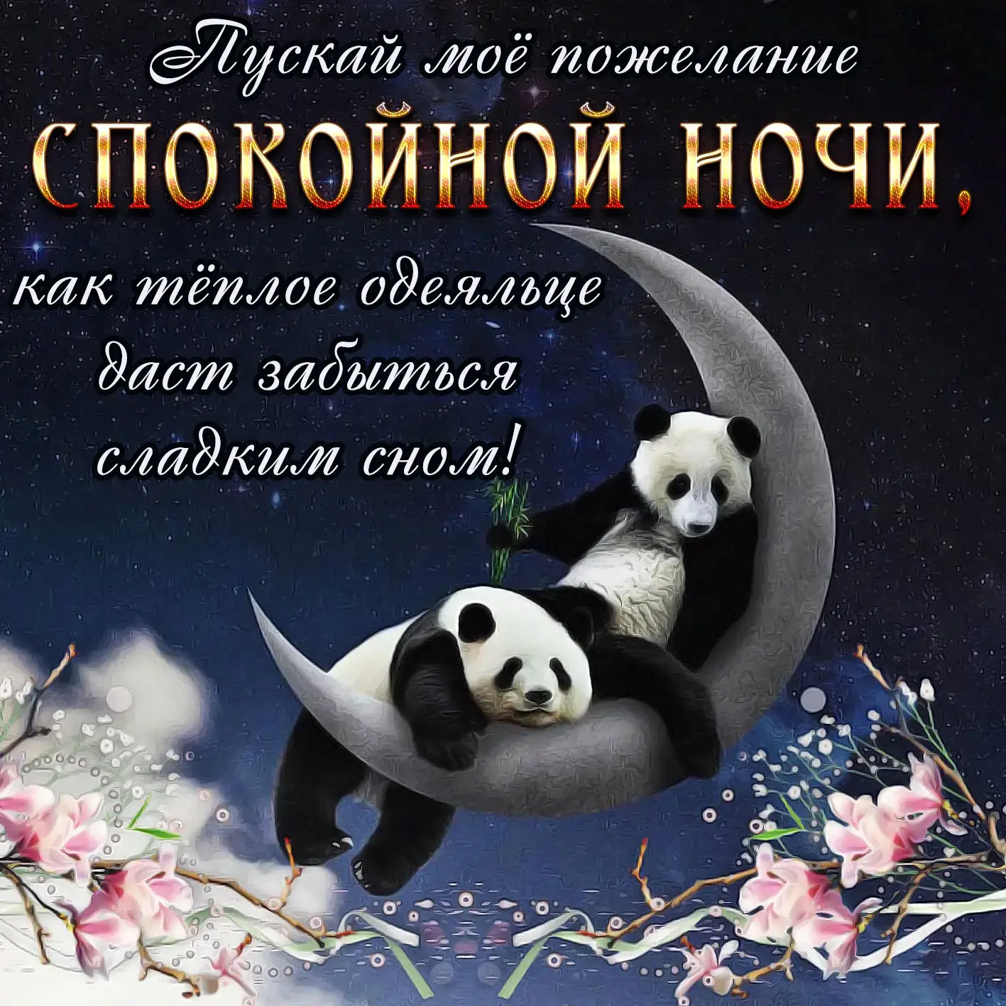 Открытка Спокойной ночи - Два панды на луне: открытка с цветами сакуры | Красивая открытка #367