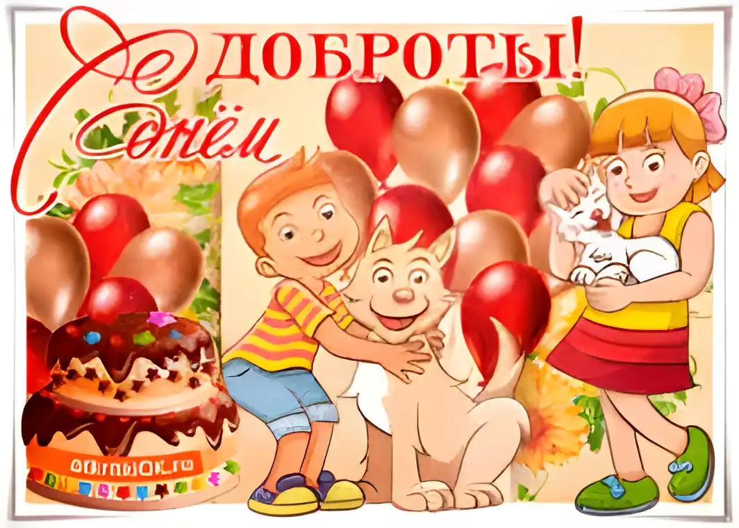Открытка Открытки с днем доброты - Открытка с тортом, собакой и детьми | Красивая открытка #16