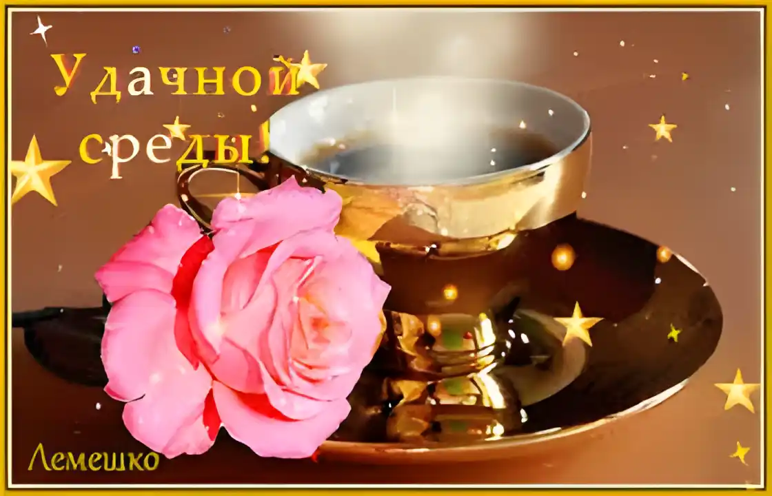 Открытка Открытки на среду - Розовая роза и чайная чашка | Красивая открытка #167