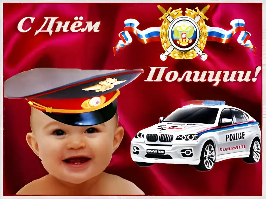Открытка День полиции - Открытка с младенцем в полицейской форме и автомобилем | Красивая открытка #111