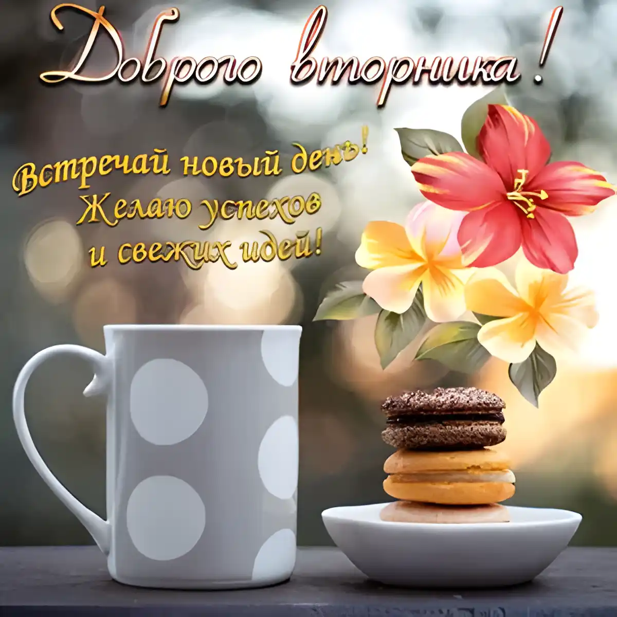Открытка Открытки на вторник - Открытка с чашкой кофе и цветами | Красивая открытка #65