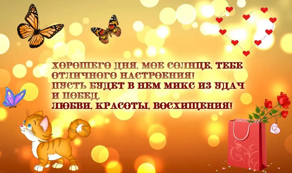 Открытка Хорошего дня - Открытка с котенком, бабочками и цветами | Красивая открытка #182