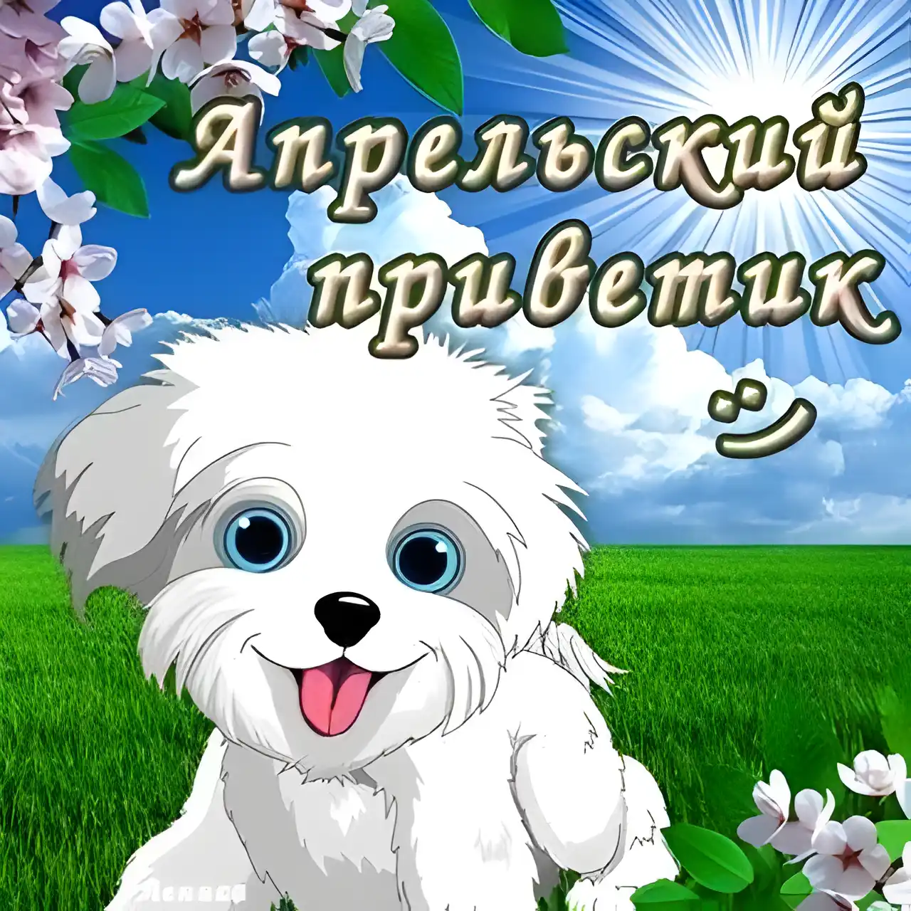 Открытка Апрельский - Открытка с щенком и цветами сакуры | Красивая открытка #8