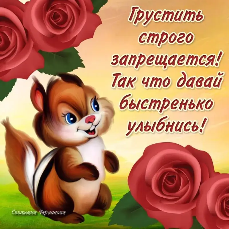 Открытка Улыбнись - Открытка с белкой и красными розами | Красивая открытка #66