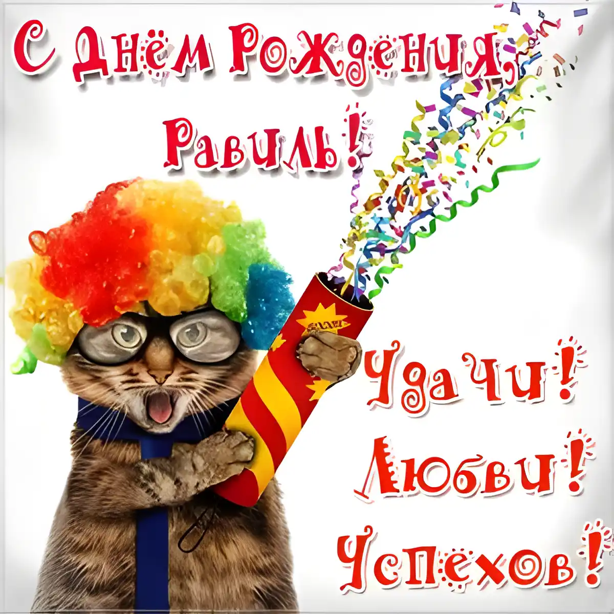 Открытка Открытки с именем Равиль - Открытка с котом-клоуном и конфетти | Красивая открытка #93