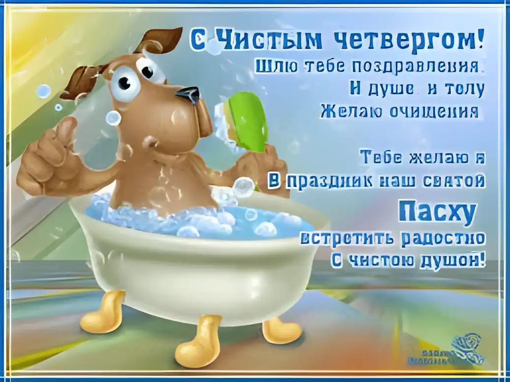 Открытка С чистым четвергом! - Собака в ванной с пеной: Открытка с псом | Красивая открытка #23