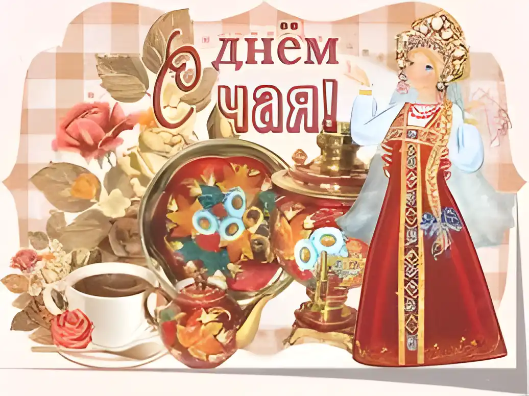 Открытка День чая - Открытка с девушкой в народном костюме, самовар и цветы | Красивая открытка #23