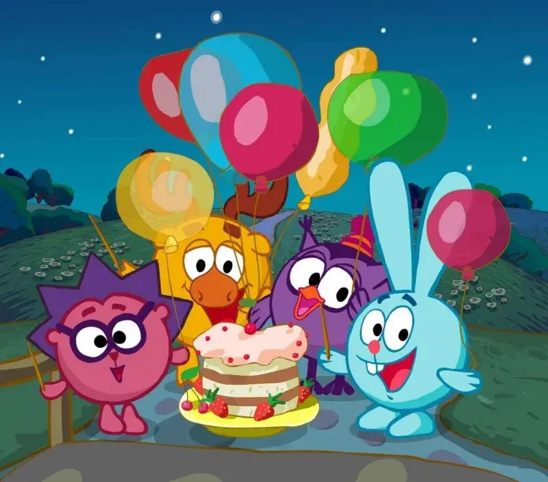Открытка с днём рождения для детей - Праздник с друзьями: торт и воздушные шары! | Красивая открытка #54