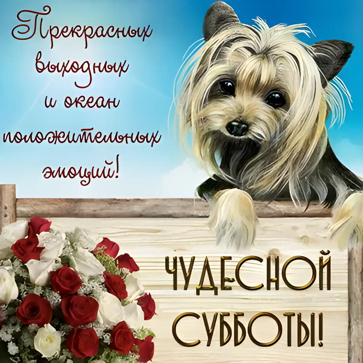 Открытка Удачной субботы - Открытка с йоркширским терьером и розами | Красивая открытка #29