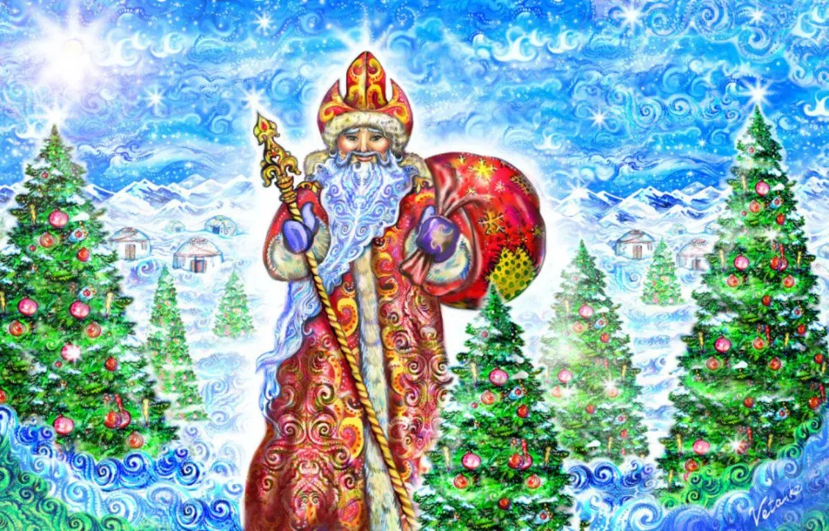 Открытка Жаңа Жылыңызбен - Дед Мороз и зимний лес: Новогодняя открытка | Красивая открытка #3