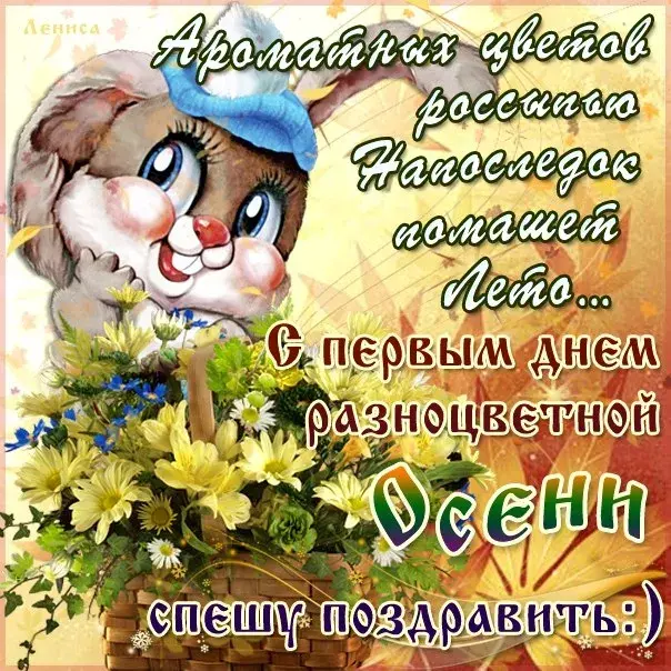 Открытка Первый день осени - Открытка с котиком в шапке и осенними цветами | Красивая открытка #79