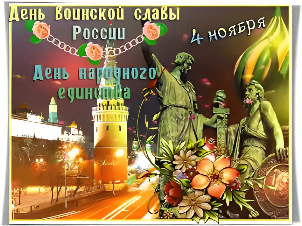 Открытка Открытки с днем народного единства - Памятник и Кремль: поздравительная открытка | Красивая открытка #76