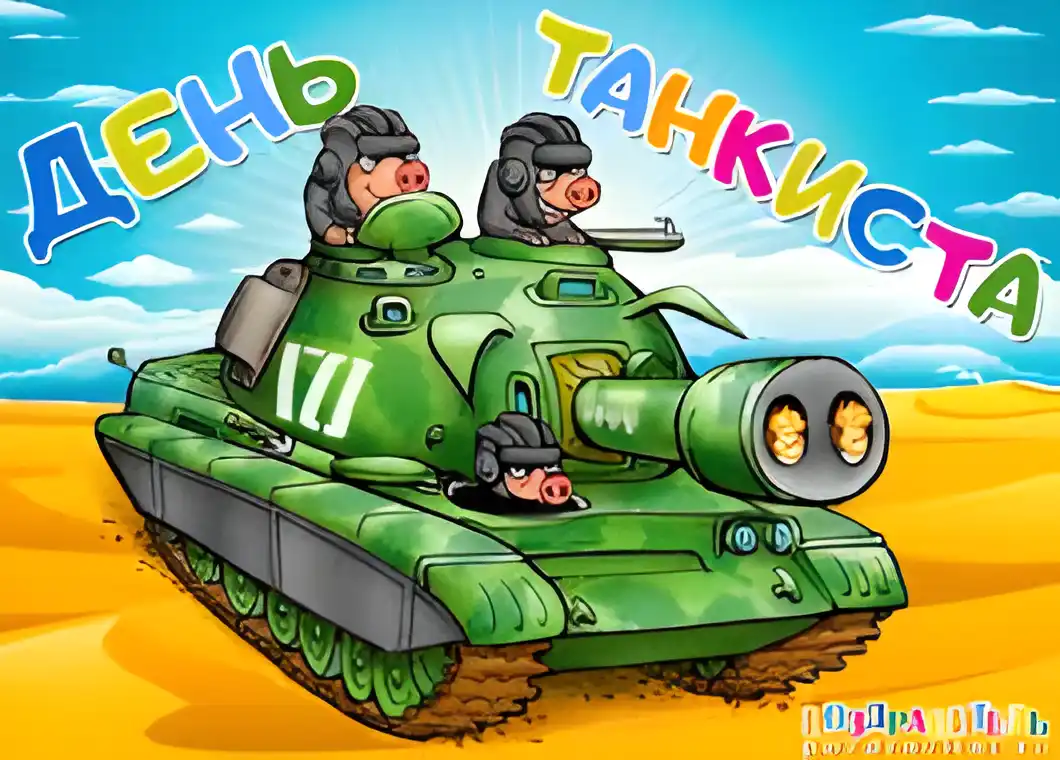 Открытка Открытки с днем танкиста - Открытка с танком и свиньями | Красивая открытка #31