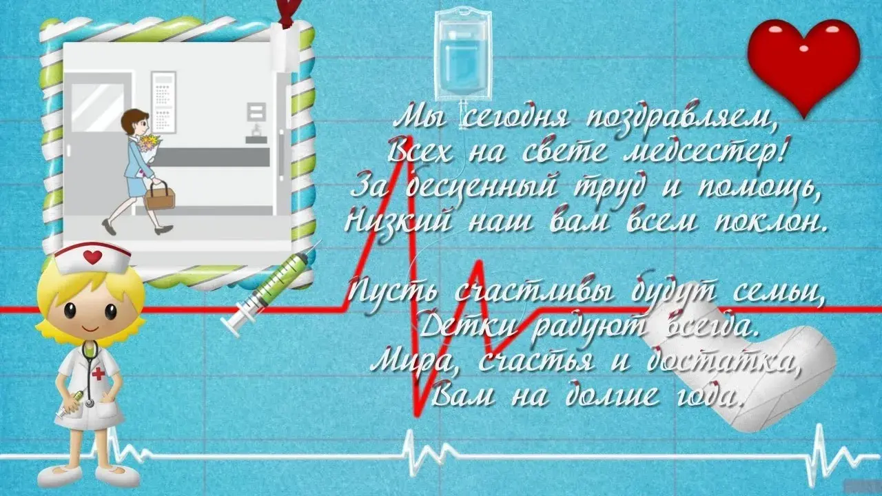 Открытка Открытки с днем медсестры - Открытка: Медсестра с медицинским оборудованием. | Красивая открытка #49