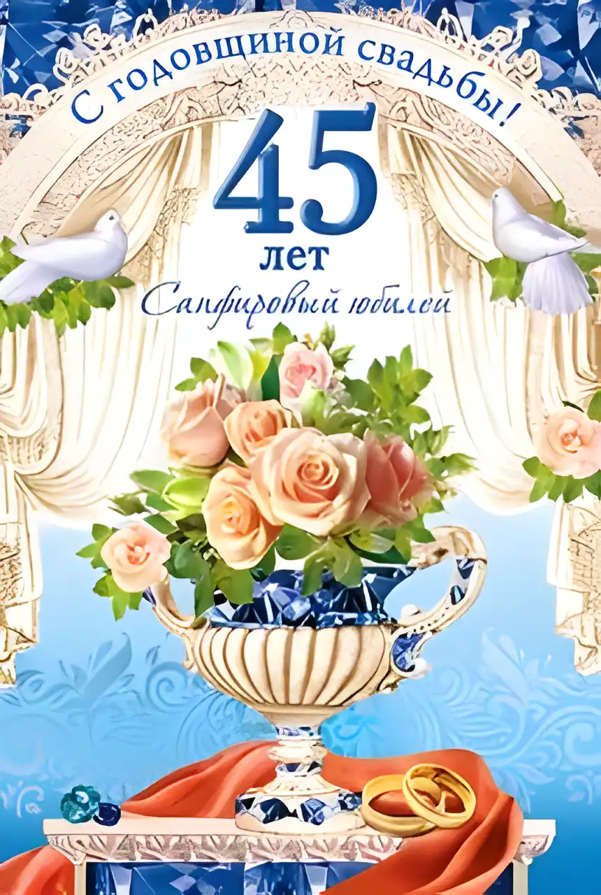 Открытка 45 лет - сапфировая свадьба - Открытка: 45 лет свадьбы. Голуби, цветы, кольца | Красивая открытка #4
