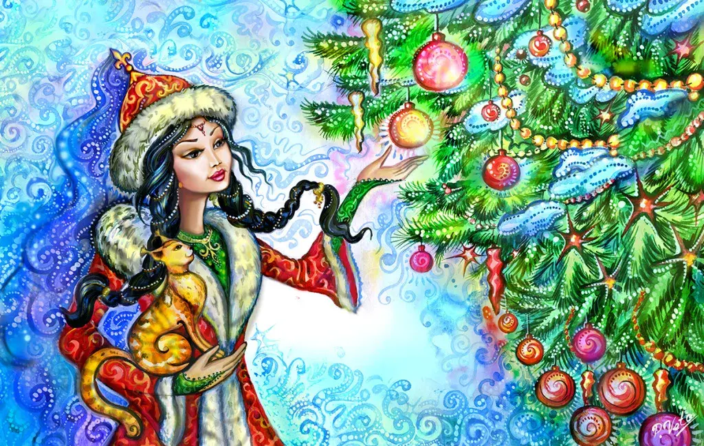 Открытка Жаңа Жылыңызбен - Девушка в шубе и кот под ёлкой - Новогодний рисунок | Красивая открытка #15
