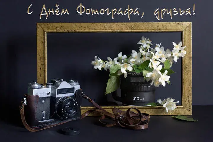 Открытка День фотографа - Фотооткрытка: Пентaкс, жасмин и объектив | Красивая открытка #35