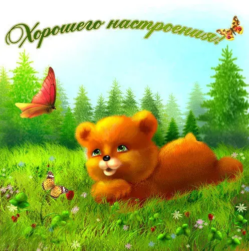 Открытка хорошего настроения - Милый медвежонок на лугу с цветами и бабочками | Красивая открытка #29