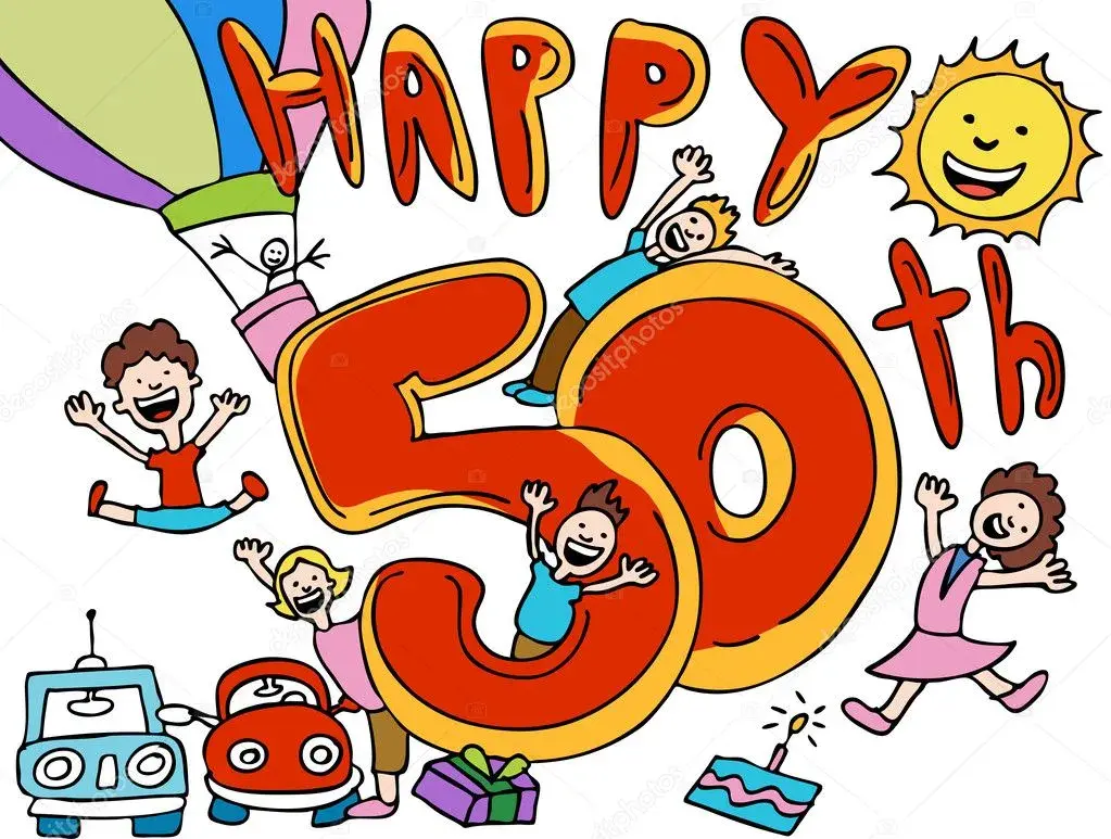 Открытка Открытки на 50 лет - Праздничная открытка: цифра 5, дети, торт, подарки | Красивая открытка #12