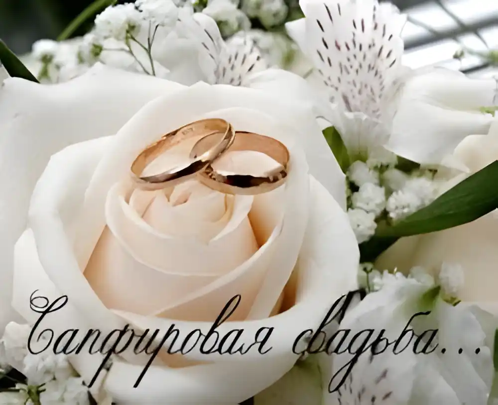 Открытка Открытки на Сапфировую свадьбу 45 лет - Свадебные кольца на цветке: открытка с нежностью | Красивая открытка #32