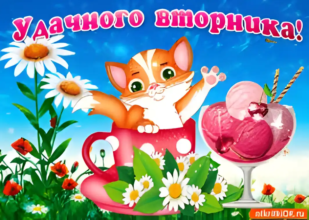 Открытка Открытки на вторник - Котенок с мороженым: открытка с цветами | Красивая открытка #123