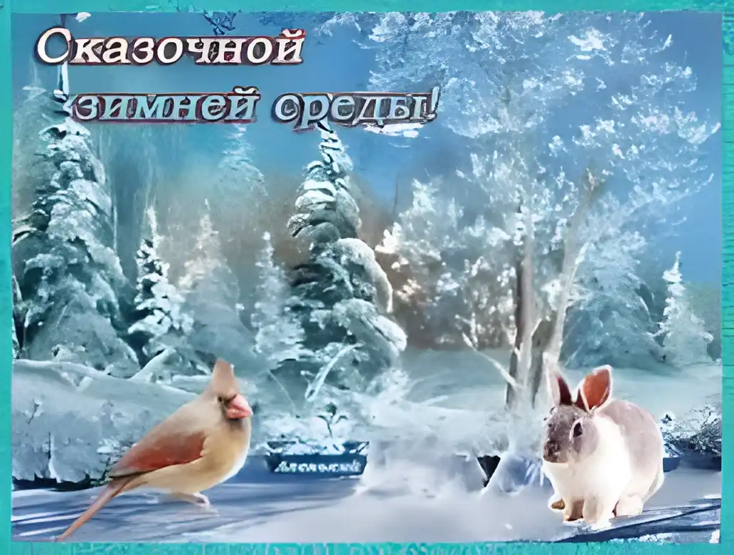 Открытка Открытки на среду - Зимняя открытка: снежный заяц и птица кардинал | Красивая открытка #175