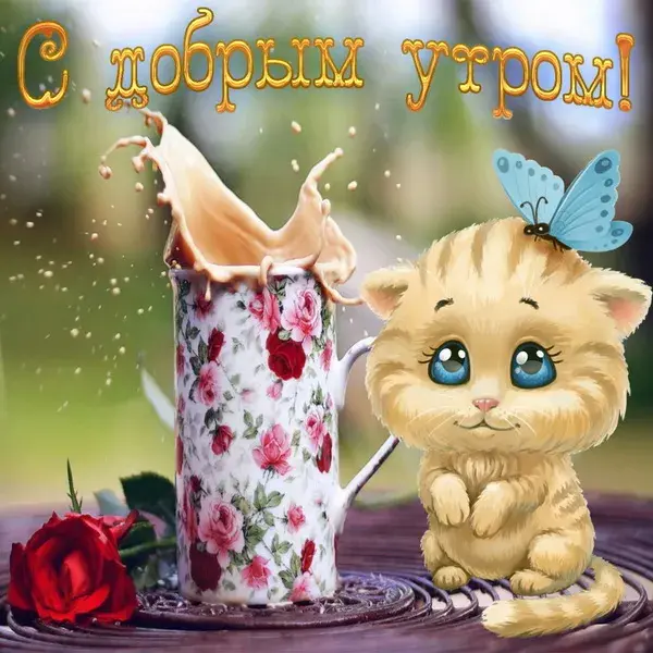 Открытка С добрым утром - Открытка с котенком и цветком: милая иллюстрация | Красивая открытка #35