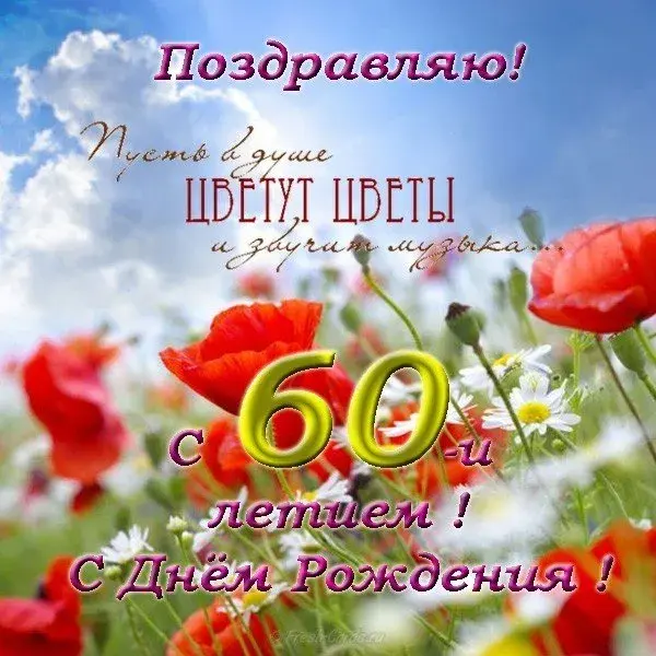 Открытка Открытки на 60 лет - Открытка с цветами: маки и ромашки  Fresh-Cards.ru | Красивая открытка #119