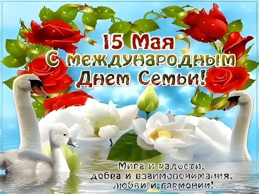 Открытка Открытки с Международным днем семьи - Открытка с лебедями и красными розами | Красивая открытка #25
