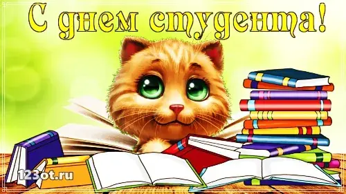 Открытка День студента - Открытка с рыжим котенком и книгами | Красивая открытка #104