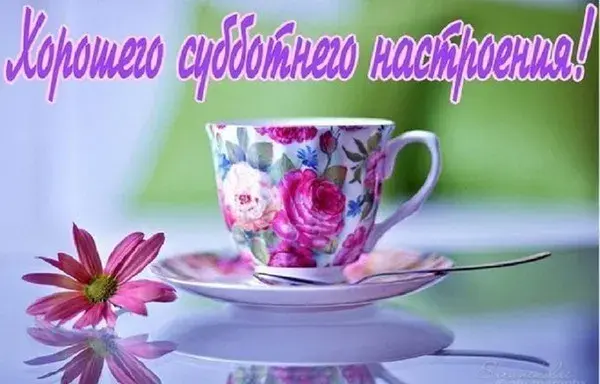 Открытка С субботой - Чайная церемония: розовая чашка и цветы | Красивая открытка #20