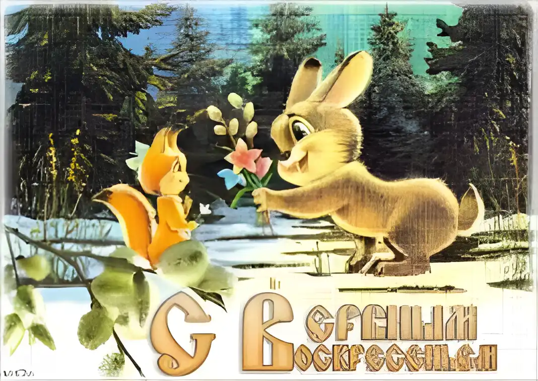 Открытка открытки с вербным воскресеньем  - Зайчик дарит белочке цветы. Открытка с цветами. | Красивая открытка #119