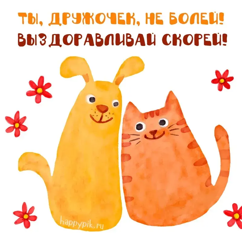 Открытка Выздоравливай - Открытка с котиком и щенком — С Днём Рождения! | Красивая открытка #130