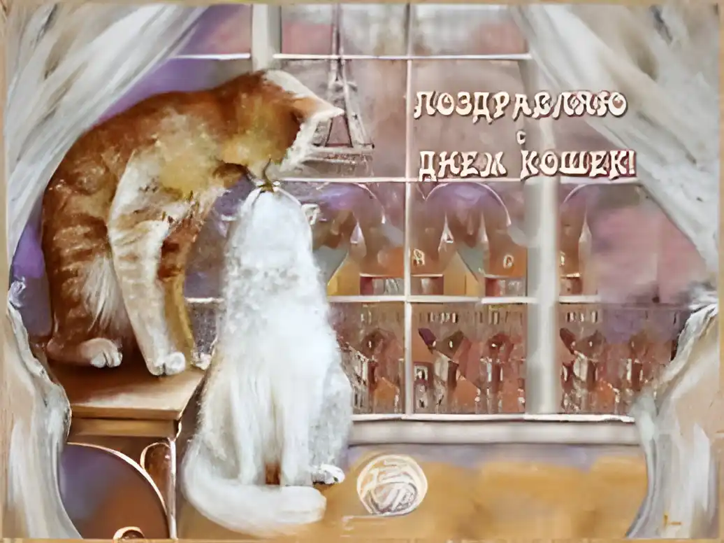 Открытка Открытки с днем кошек - Две кошки и клубок: милая открытка с кошками | Красивая открытка #4