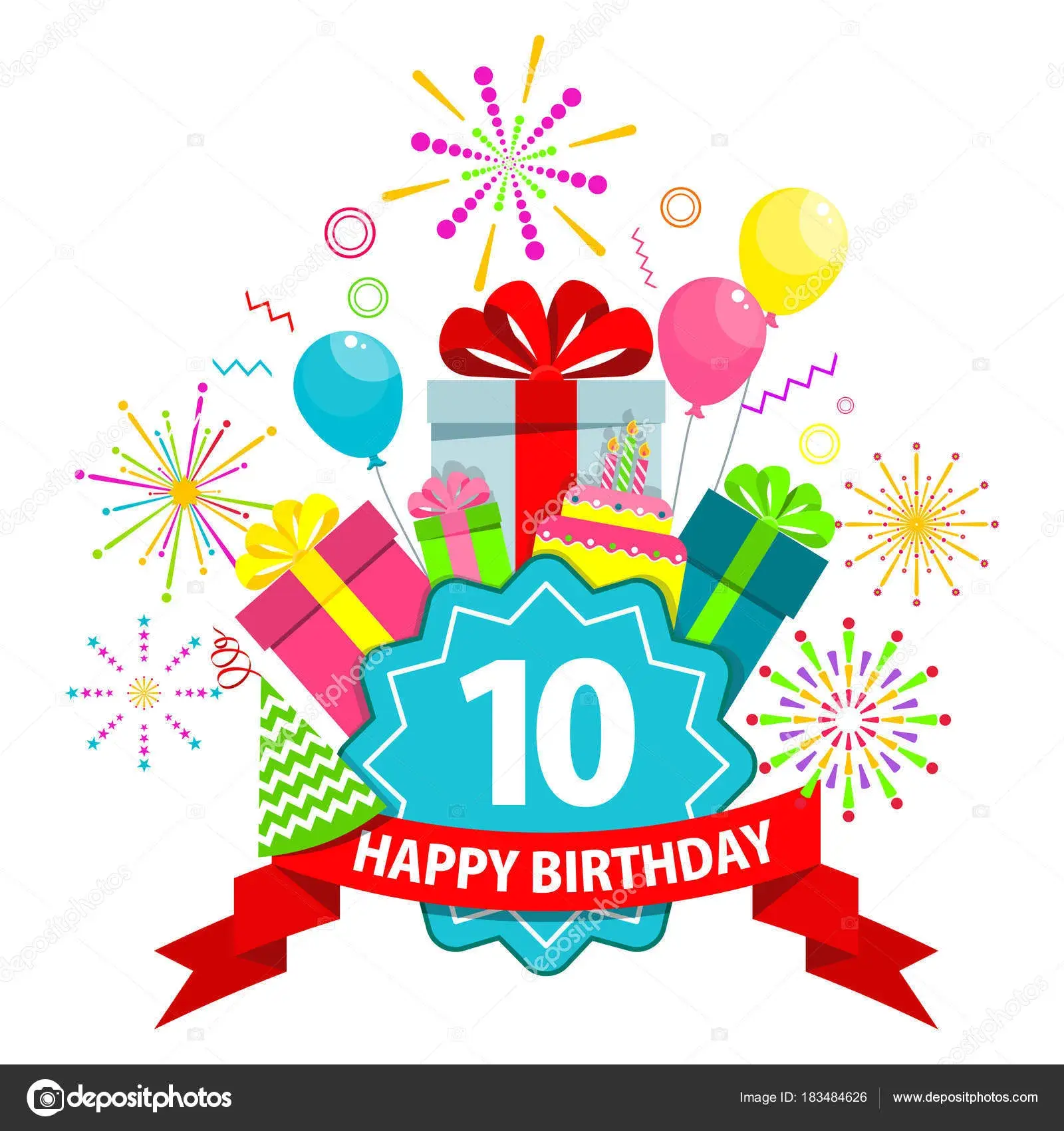 Открытка Открытки на 10 лет - Открытка с днем рождения: цифра 10, подарки, конфетти | Красивая открытка #50