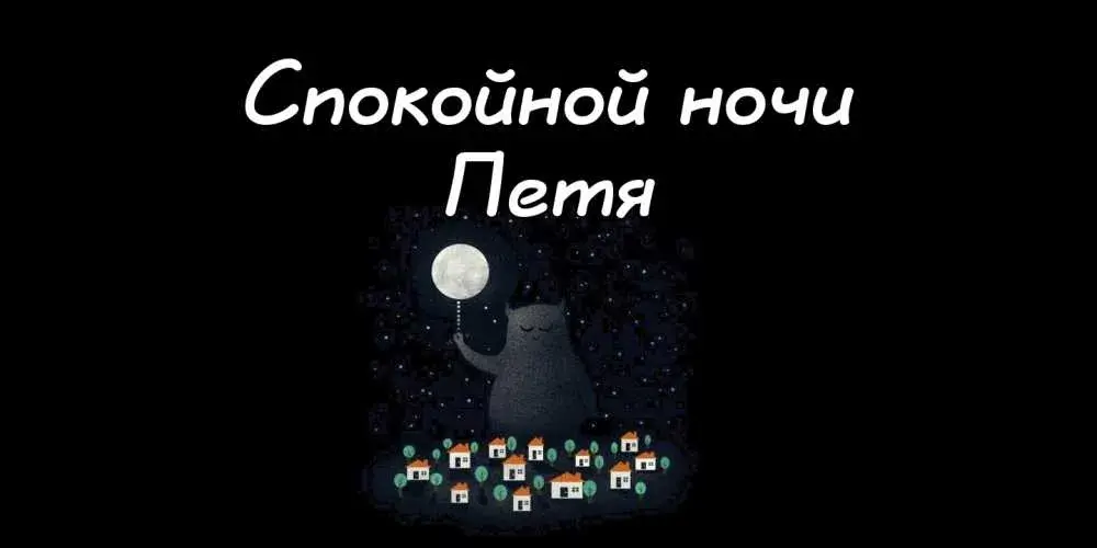 Открытка Открытки с именем Петр - Открытка: Спящий котик под луной и домиками | Красивая открытка #213