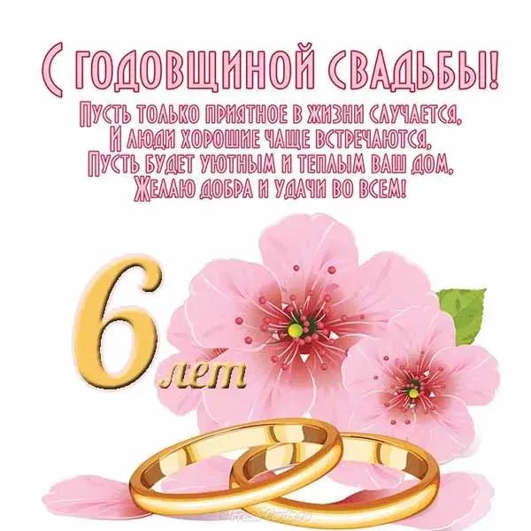 Открытка 6 лет - чугунная свадьба - Открытка с обручальными кольцами и розовыми цветами | Красивая открытка #43