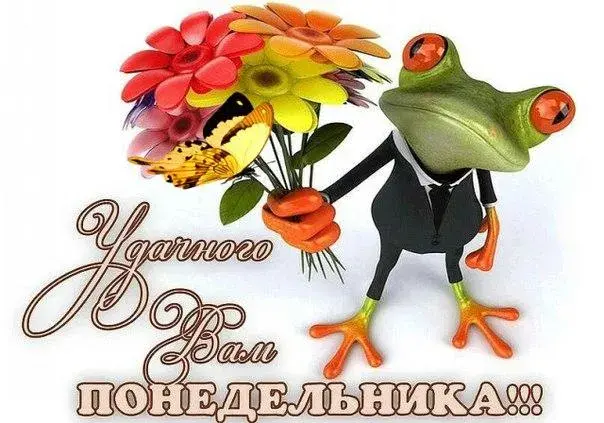 Открытка Удачного понедельника - Лягушка с цветами в костюме: смешная открытка | Красивая открытка #70