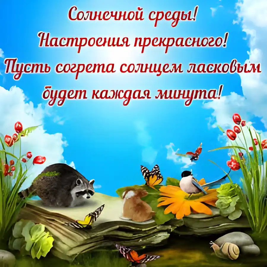 Открытка Открытки на среду - Открытка: Ежи, белка, хорёк и птица на бревне | Красивая открытка #218