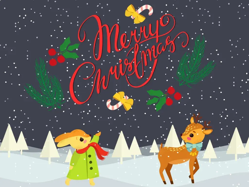 Открытка Merry Christmas - Олень и зайчик: Новогодние открытки с персонажами | Красивая открытка #38