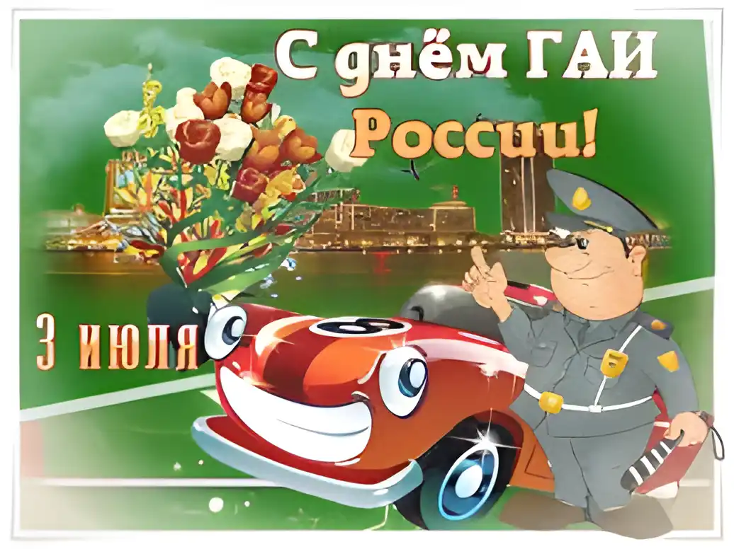 Открытка Открытки с днем ГАИ России - Открытка с Днём ГАИ: Полицейский и машинка | Красивая открытка #61