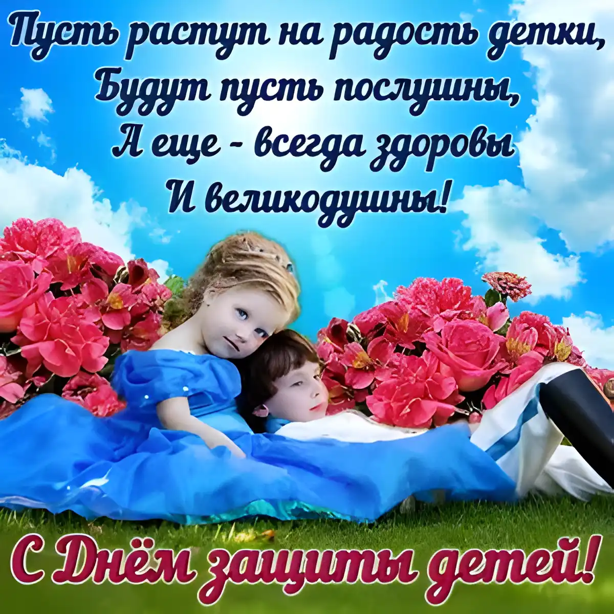 Открытка День защиты детей - Две девочки в голубом платье на фоне цветов | Красивая открытка #23