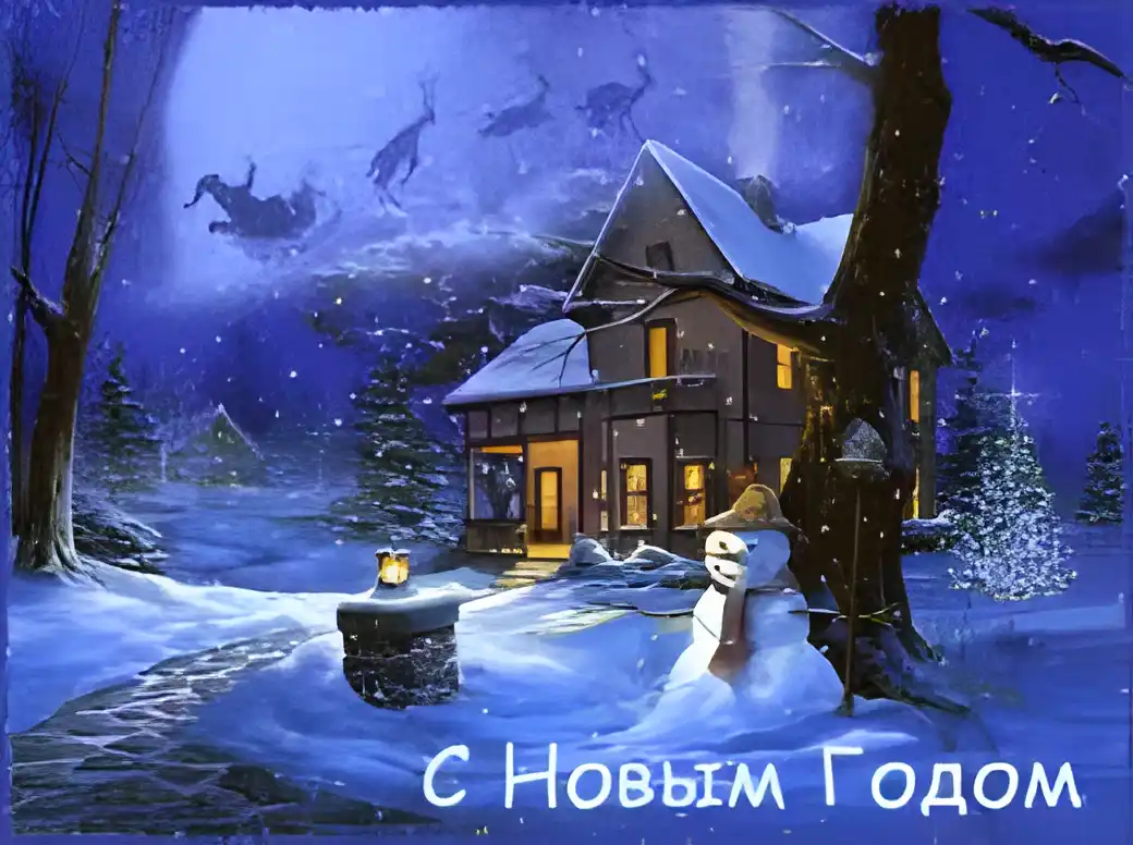 Открытка Открытки с новым годом - Снежный домик и снеговик: Новогодняя открытка | Красивая открытка #217