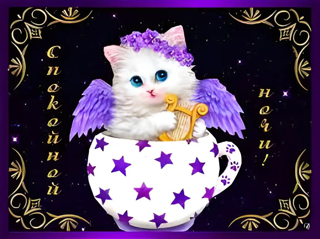 Открытка Спокойной ночи - Котенок в чашке с арфой — открытка | Красивая открытка #67