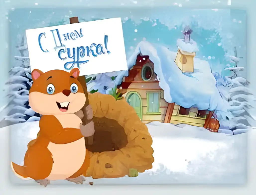Открытка Открытки с днем сурка - Открытка: Сурок, зима, домик, снег | Красивая открытка #25