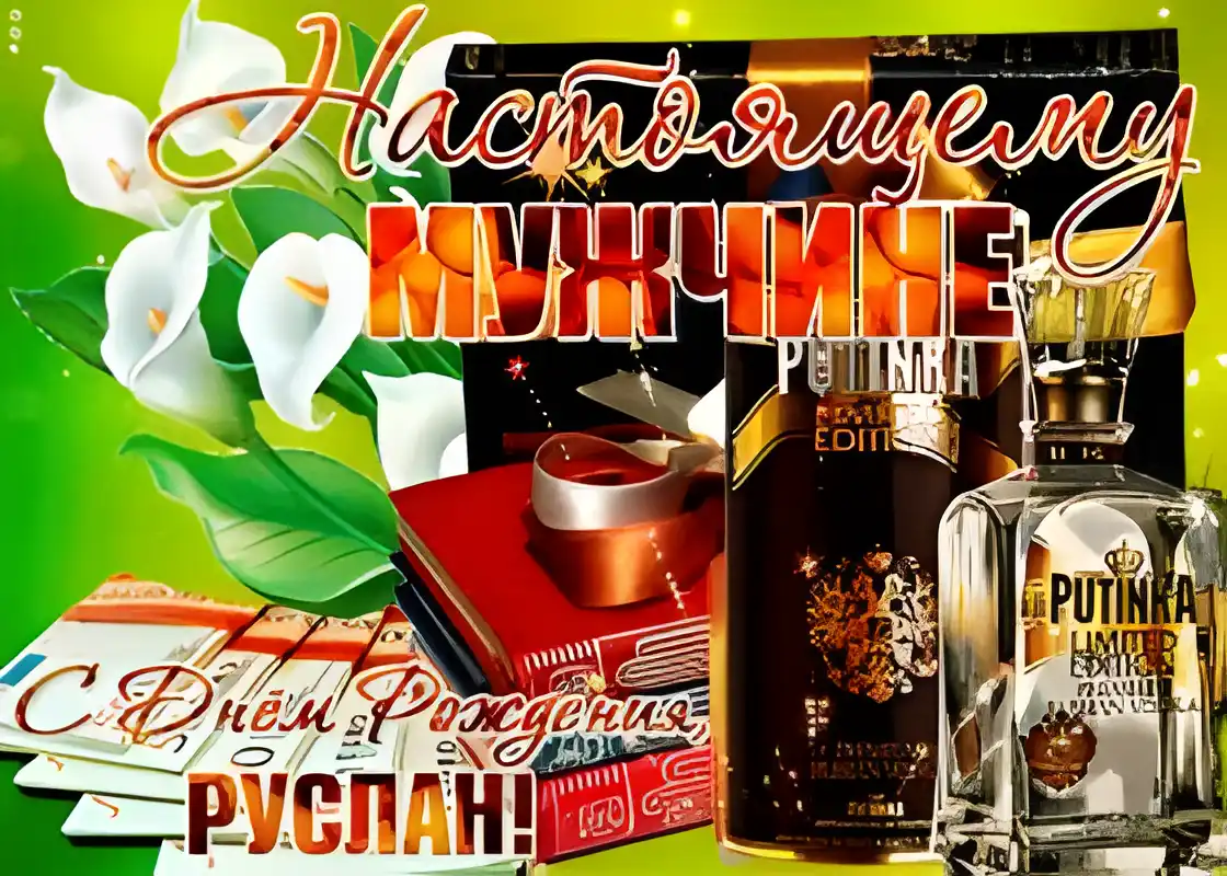 Открытка открытки с именем Руслан - С Днем рождения, Руслан! Открытка с лилиями и бутылкой | Красивая открытка #129