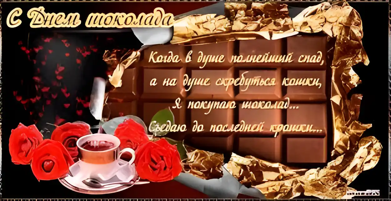 Открытка Открытки с днем шоколада - Открытка: Шоколад, розы, чашка | Красивая открытка #13