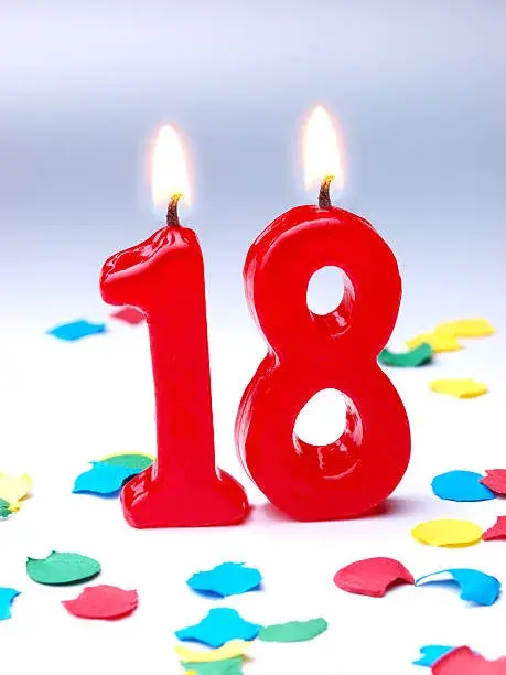 Открытка 18 лет - Свеча цифра 18 на фоне конфетти | Красивая открытка #5