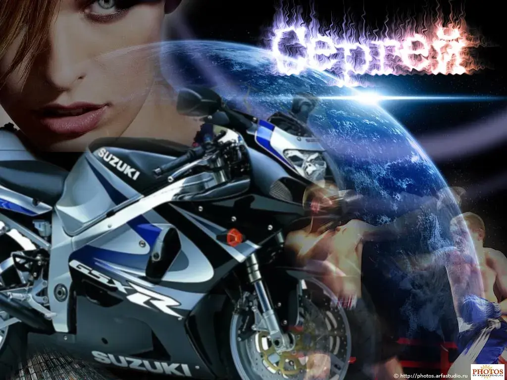 Открытка Открытки с именем Сергей - Мотоцикл Suzuki GSX-R и девушка на фоне космоса | Красивая открытка #178